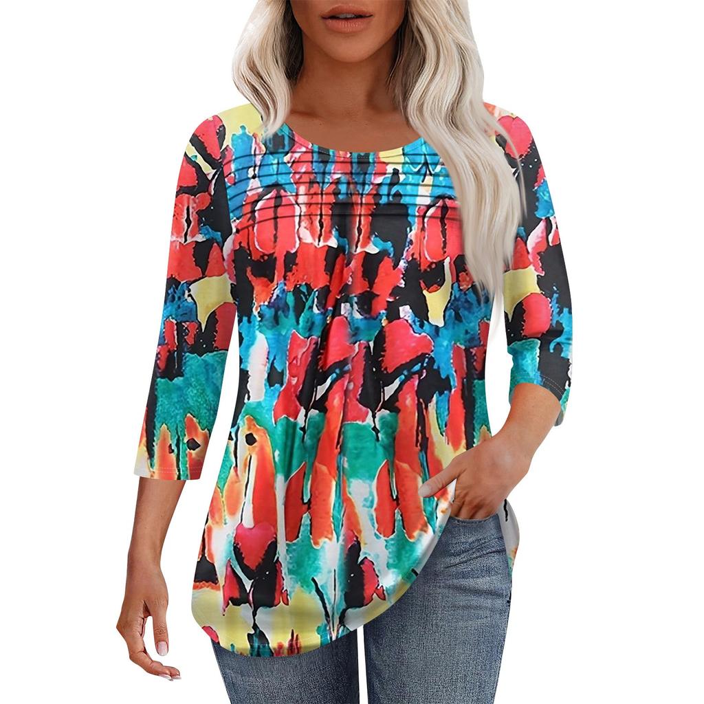 Женская мода круглый вырез шея плиссированная передняя планка однотонный топ рукав 3/4