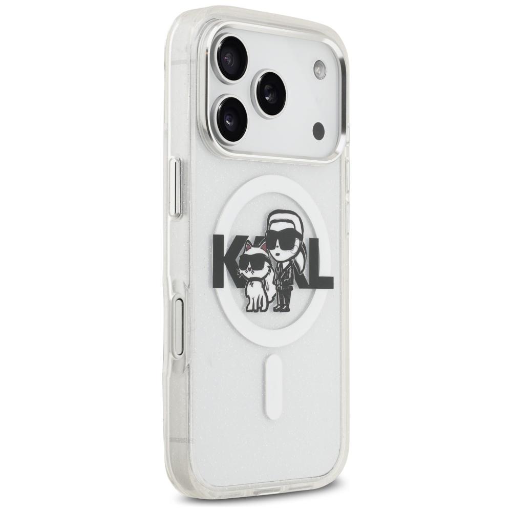 Karl Lagerfeld IML Glitter Karl & Choupette Sketch Logo MagSafe Case for iPhone 17 Pro Clear