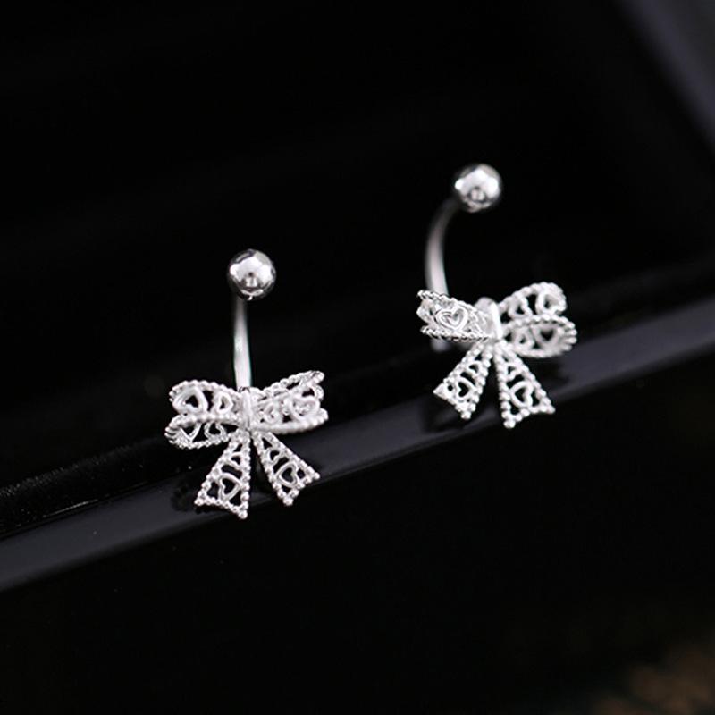 925 Sterling Silver Lace Heart Hollow Bow Screw Buckle Puncture Stud Earrings for Women Fine Jewelry Minimalist Accessories
