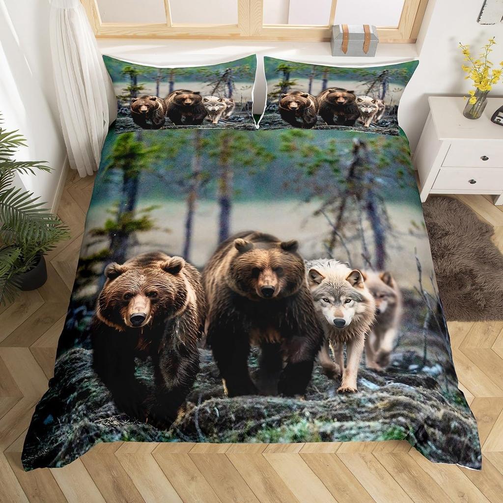 Пододеяльник с изображением медведя King Nature Smoky Mountain Комплект постельного белья Черно-серый Покрытие для одеяла с изображением деревьев Полиэстер Покрытие для одеяла с 2 наволочками
