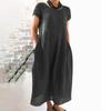 Women's Summer Casual Solid Color Short-sleeve O-neck Stitching Loose Pocket Cotton Linen Dress