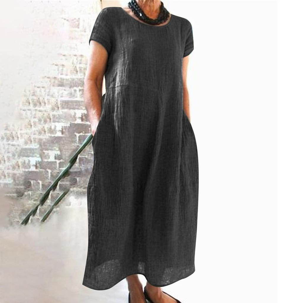Women's Summer Casual Solid Color Short-sleeve O-neck Stitching Loose Pocket Cotton Linen Dress