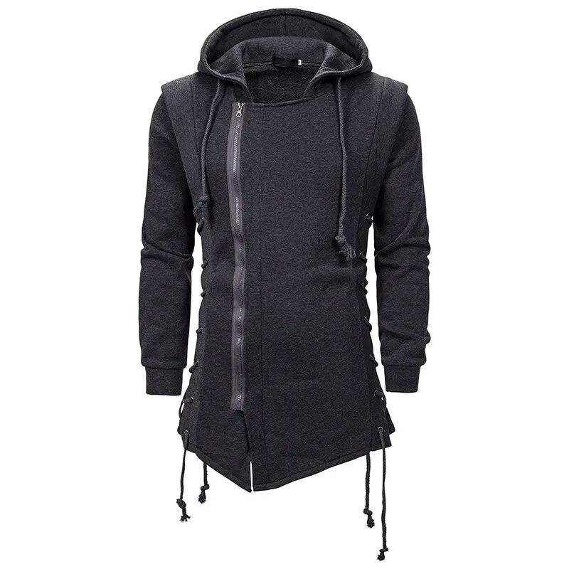 Men's Black Streetwear Zipper Hoodies Sweatshirts Hip Hop Casual Hooded Coat With Side Lashing Crossed Hoody Tracksuits