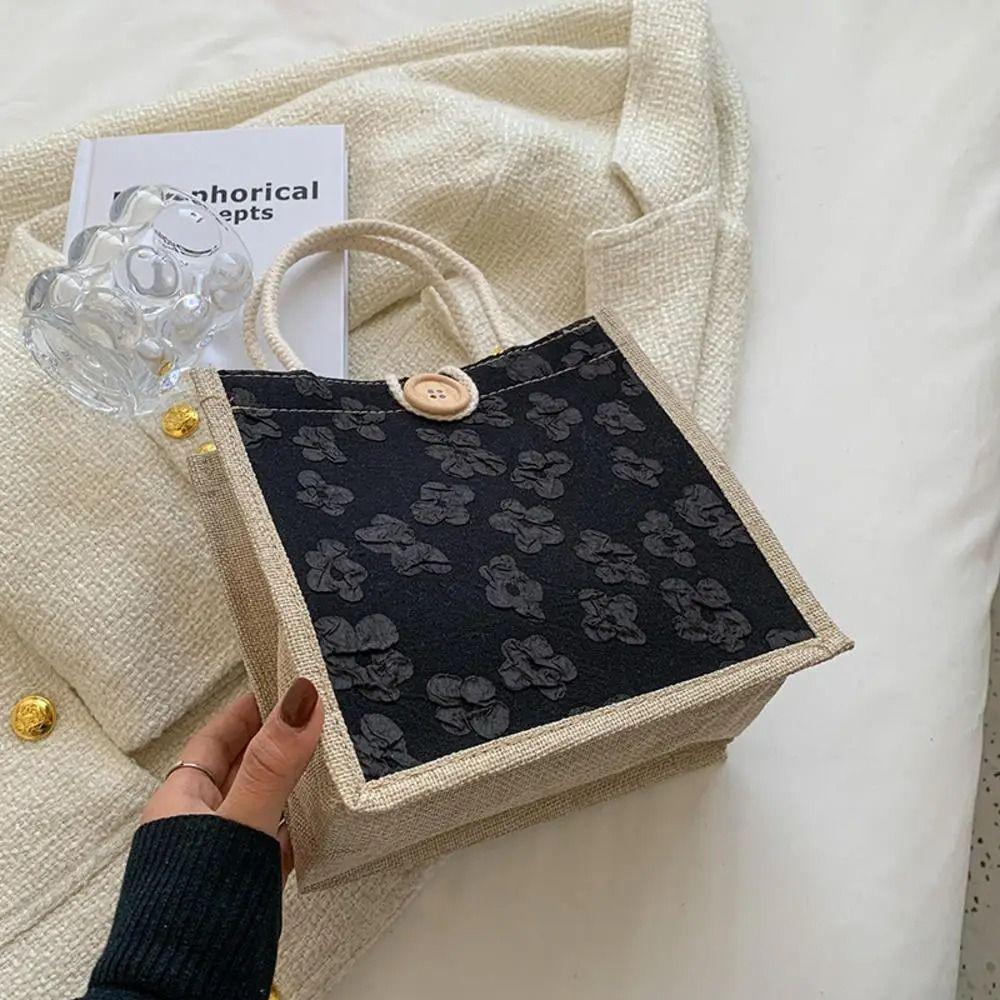 Большая вместительная сумка из льняной ткани с цветочным принтом, сумка-тоут на пуговице, портативная сумка-тоут в форме сердца, для путешествий