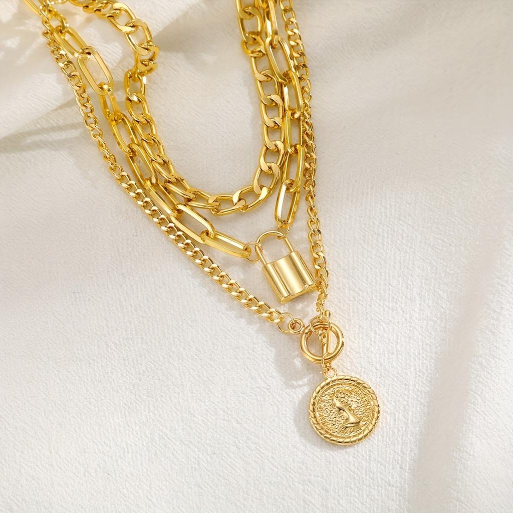 Круглая форма скрепка цепочка модное ожерелье OT пряжка 1 комплект многослойная кубинская цепь панк портрет кулон аксессуары