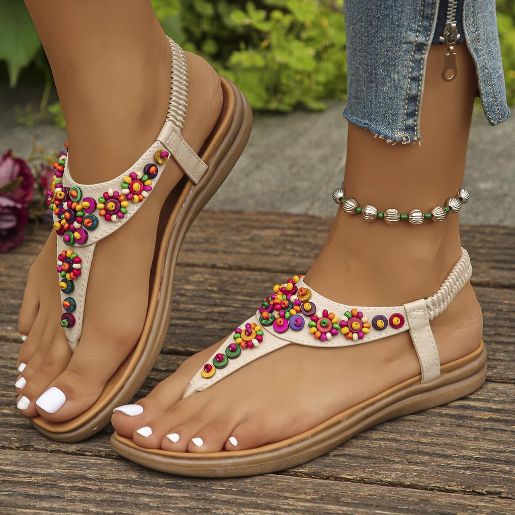 Fashion Women's Colored Beads Bohemian Sandals Elastic Band Clip Toe Flat Women Sandals Summer 2024 Comfort Non Slip Beach Shoes Woman