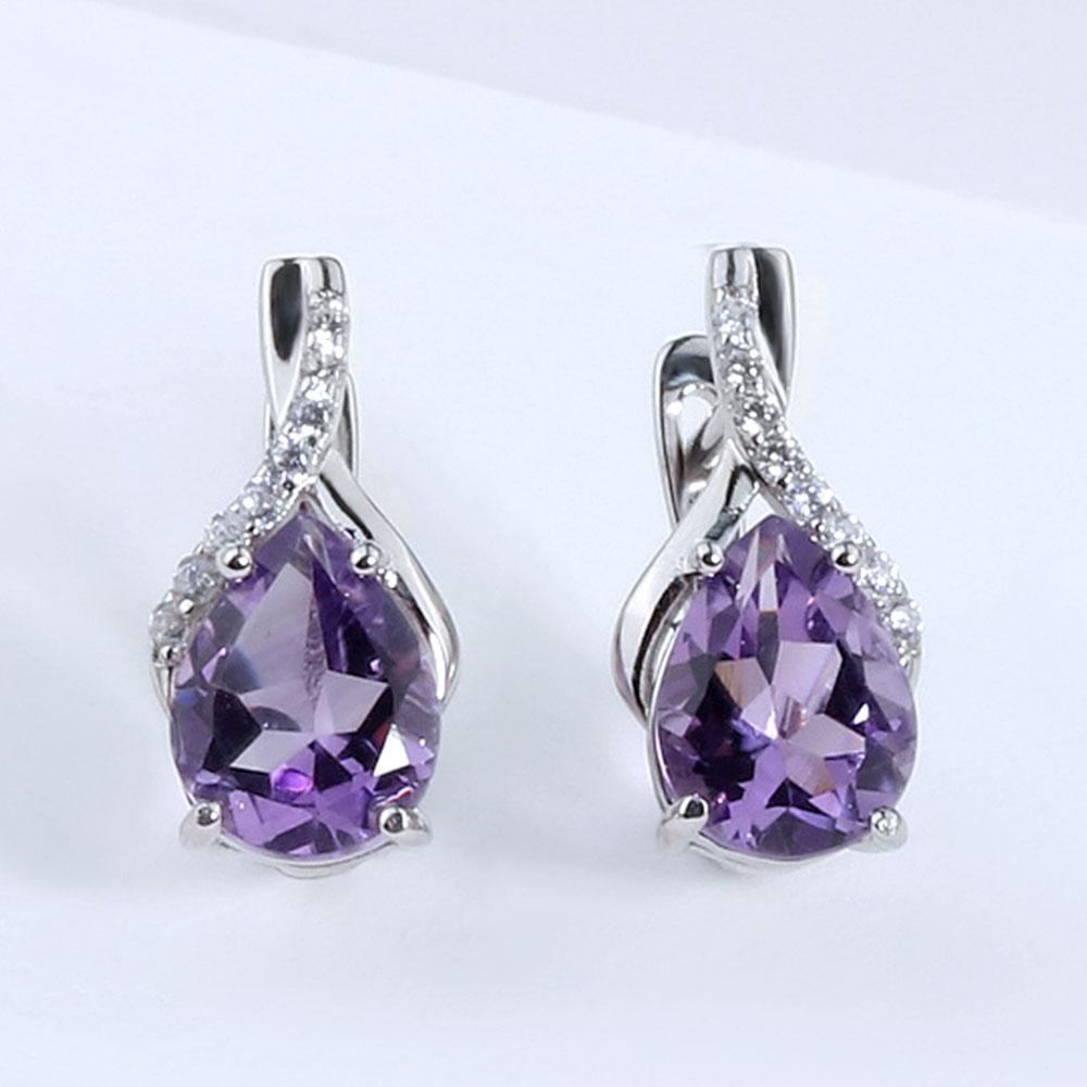 Bolaijewelry Natural Brazil Amethyst Clasp Earring 4ct Up Pear 7*9mm Real Gemstone Jewelry 925 Sterling Silver for Women Daily Wear Jewelry Gift