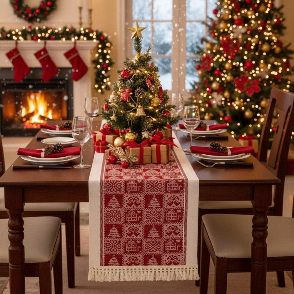 Прямоугольная Рождественская скатерть-дорожка Утолщенная с принтом Рождественской елки и лосей Настольный флаг Моющаяся Рождественская настольная декорация