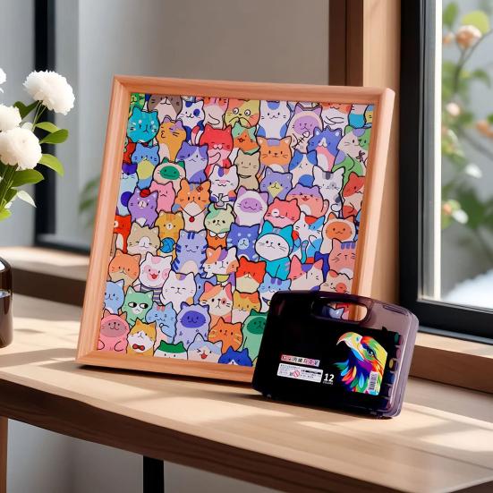 Cartoon Cat Wooden Coloring Puzzle Kit with Photo Frame Marker Pens DIY Hand-Painted Irregular Jigsaw Puzzle Toy Decoration Ornament