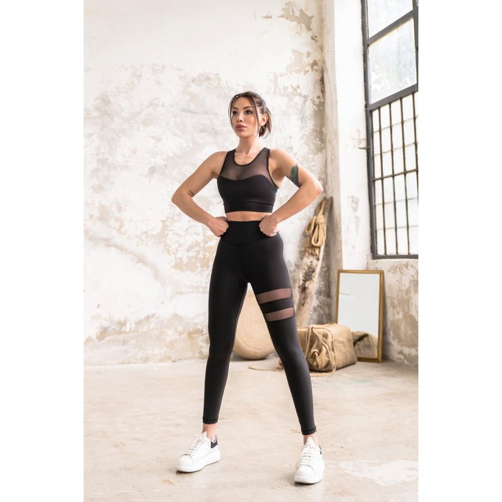 Спортивные леггинсы со сверхвысокой талией и двумя линиями из тюля на одной ноге