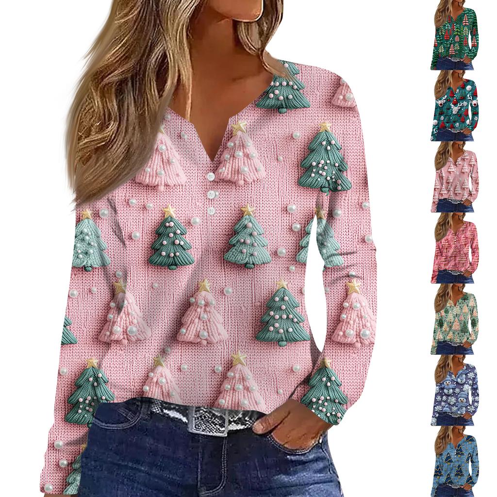 Women's Fashion Casual V-Neck Button-Up Long-Sleeve T-Shirt With Christmas Print Top