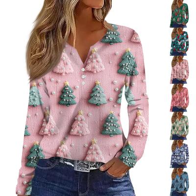 Женская модная повседневная футболка с V-образным вырезом, на пуговицах, с длинным рукавом, с рождественским принтом