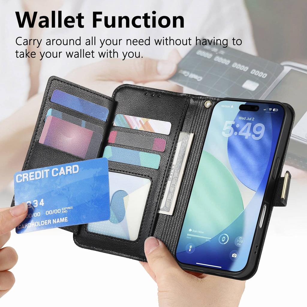 Кошелек-чехол для iPhone 17/16e/16 Plus/15/14/13/12 Pro Max, с ремешком, на молнии, держатель на 2 карты, с откидной подставкой, с магнитной застежкой