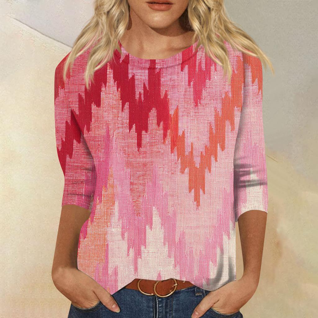 Women's Fashion Casual Round Neck Three-quarter Sleeve Gradient Print T-shirt Top