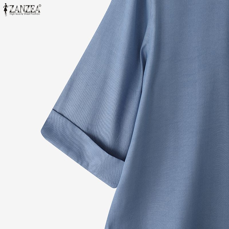 ZANZEA Женская повседневная блузка с круглым вырезом, рукавом 3/4, свободного кроя, однотонная