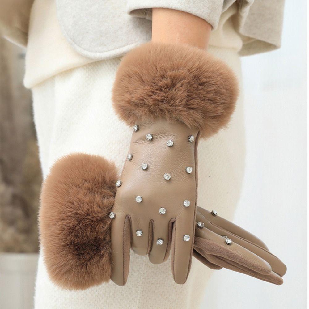 Fashion Faux Fur Trim Cuff PU Leather Gloves Lined Rhinestone Winter Thermal Gloves Windproof Touchscreen Warm Gloves for Women