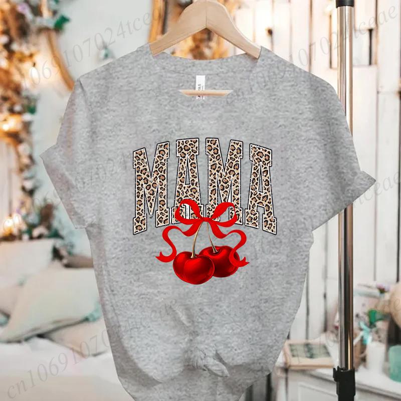 Women Fashion T Shirt Cherry Mama Print Girl Funny Tops Womens Casual TShirt Tops Cherry Bow Mama Tee Aesthetic Mom Clothes