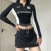 Casual Y2K Zip Up T Shirt Women Stand Collar Long Sleeve Crop Tops Slim Graphic T-shirts Female 90s Vintage Clothes Base Tees