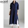 QICED Women's Casual Loose Turn-Down Collar Long Sleeve Shirt Dress