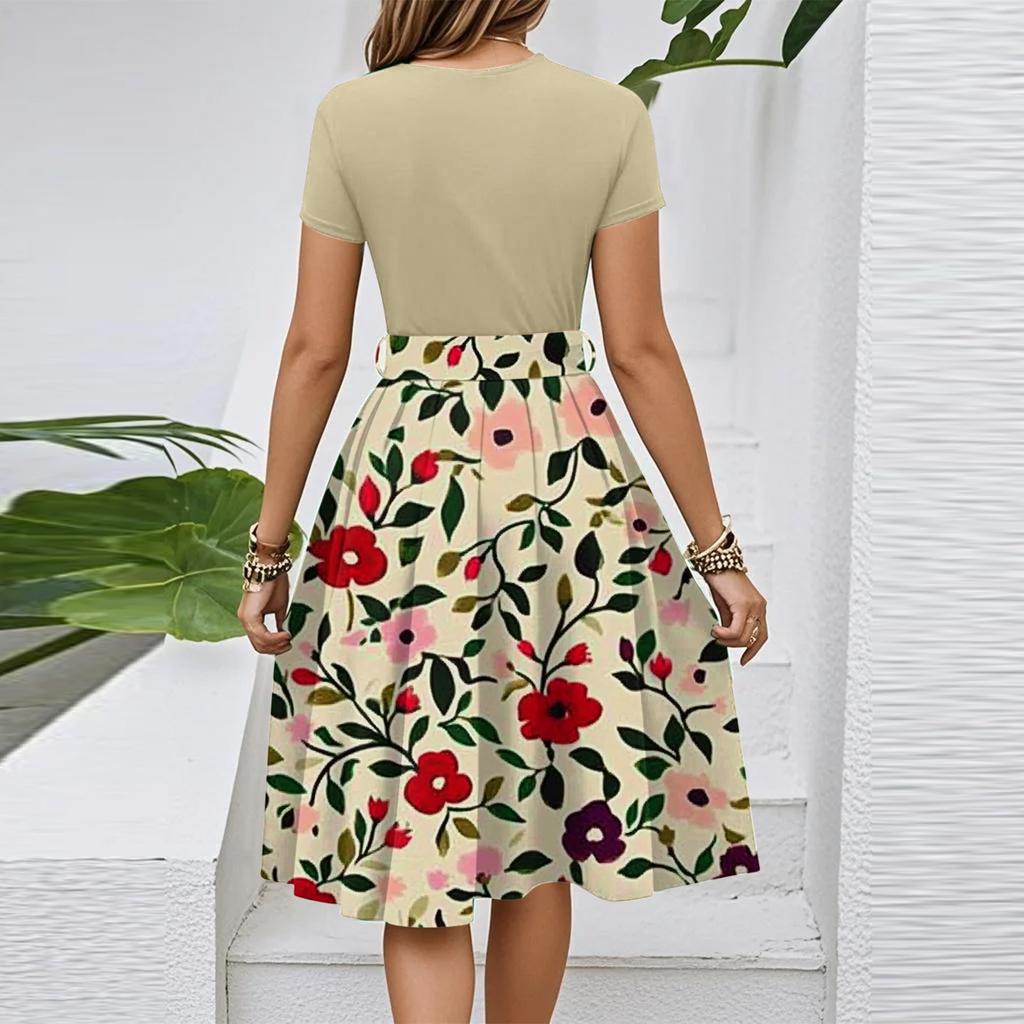Women's Casual Fashion Belted Floral Print Short Sleeve Round Neck Elegant Dress