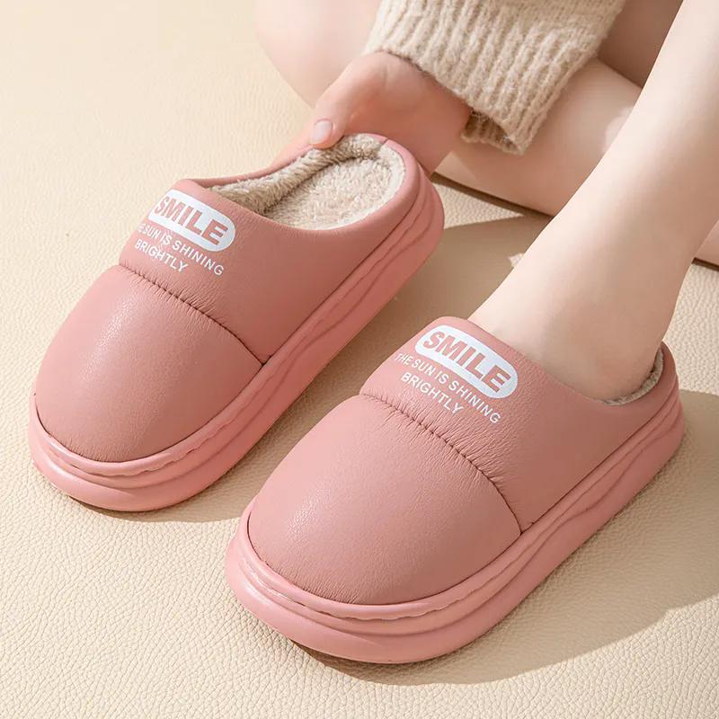 WTEMPO Тапочки из искусственной кожи с закрытым носком, осенне-зимние, хлопковые, для пар, ПУ, толстый плоский каблук, домашние, плюшевые, теплые тапочки