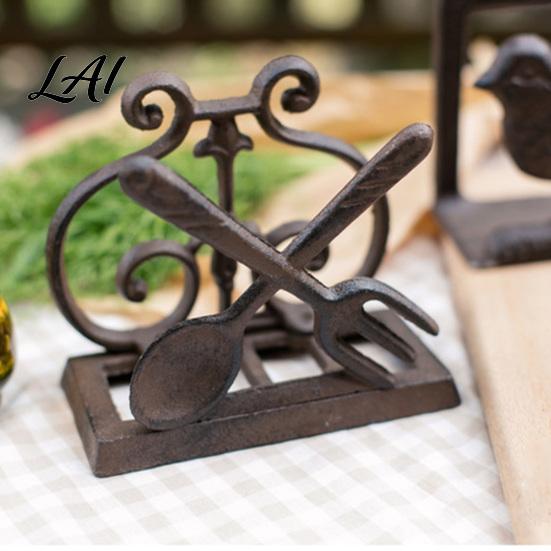 Fork And Spoon Shape Napkin Stand Cast Iron Holder Vintage Style Case with Stable Base Base Organizer Matte Bronze Finish Stand for Kitchen Dining
