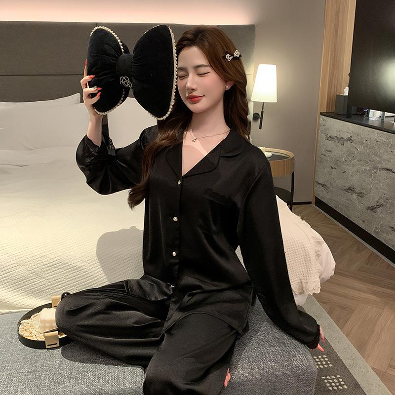 Back lace hollow pajamas women's early spring ice silk light luxury long-sleeved suit, comfortable loungewear outside
