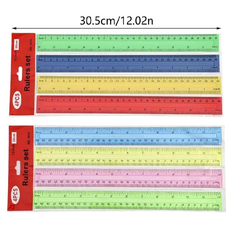 4Pcs 12Inch Clear Rulers Drawing Ruler Math Ruler Measuring Ruler Measuring Tool for Drawing Drafting Measuring