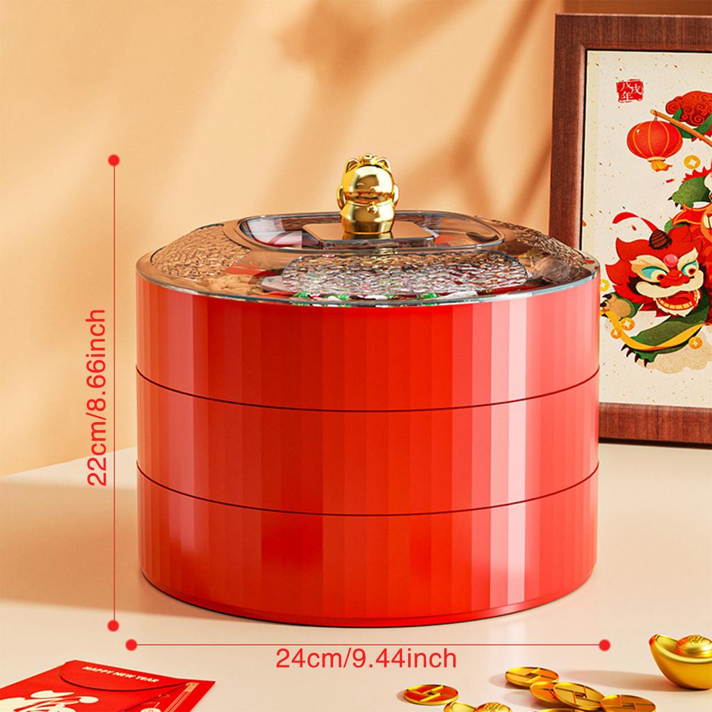 9,45-дюймовая двухслойная коробка для закусок, новогодний лоток для хранения фруктов, конфет, орехов, креативная крышка с рисунком счастливого кота, украшение для стола, фруктовая тарелка 2025