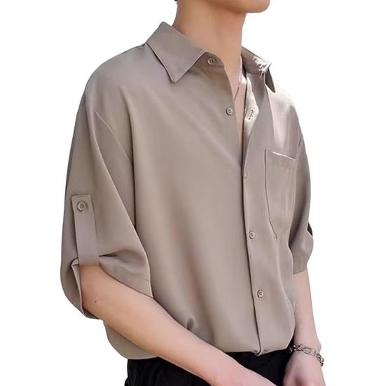 Мужская летняя рубашка, сплошной цвет, пуговицы, лацкан, половина рукава, однобортный, свободный, нагрудный карман, запонка, мягкий дышащий, быстросохнущий повседневный деловой топ