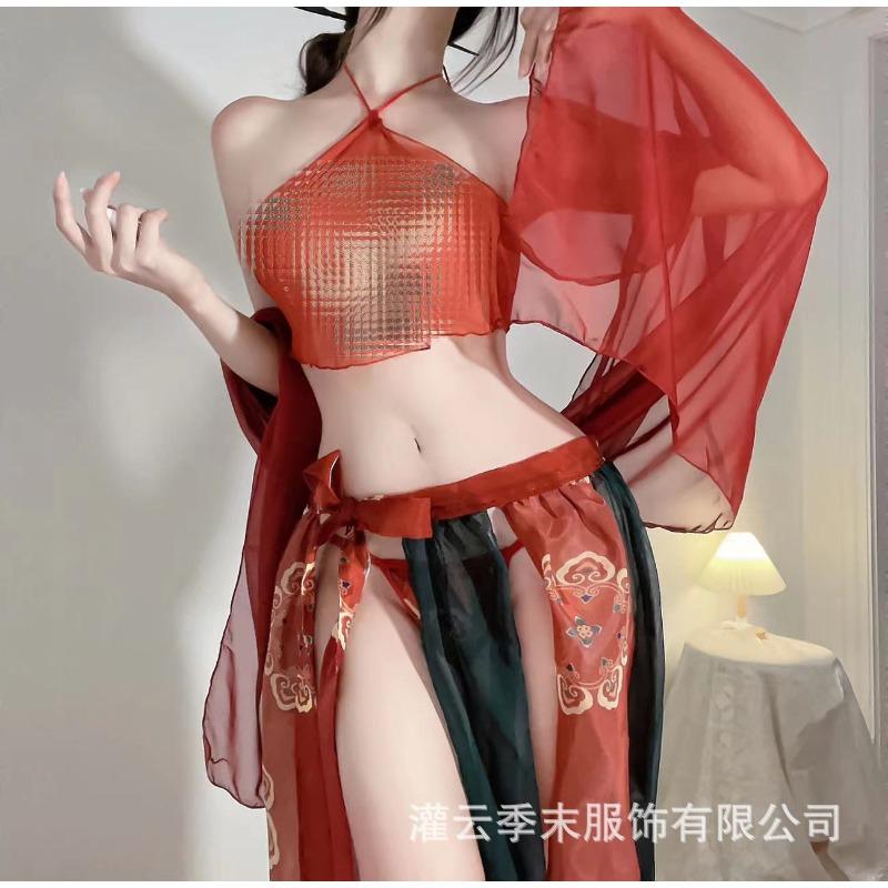 Sexy Underwear New Antique Dunhuang Feitian Exotic Hanfu Uniform Sexy Printing Perspective Belly Pocket Set
