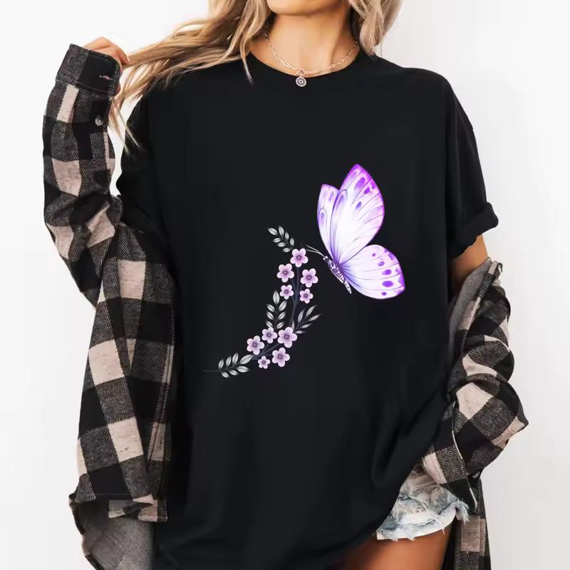 Butterfly Floral T-Shirt Women Comfort Flower Botanical Tee Graphic Tshirts Nature Aesthetic Clothing Women Summer Short Sleeve