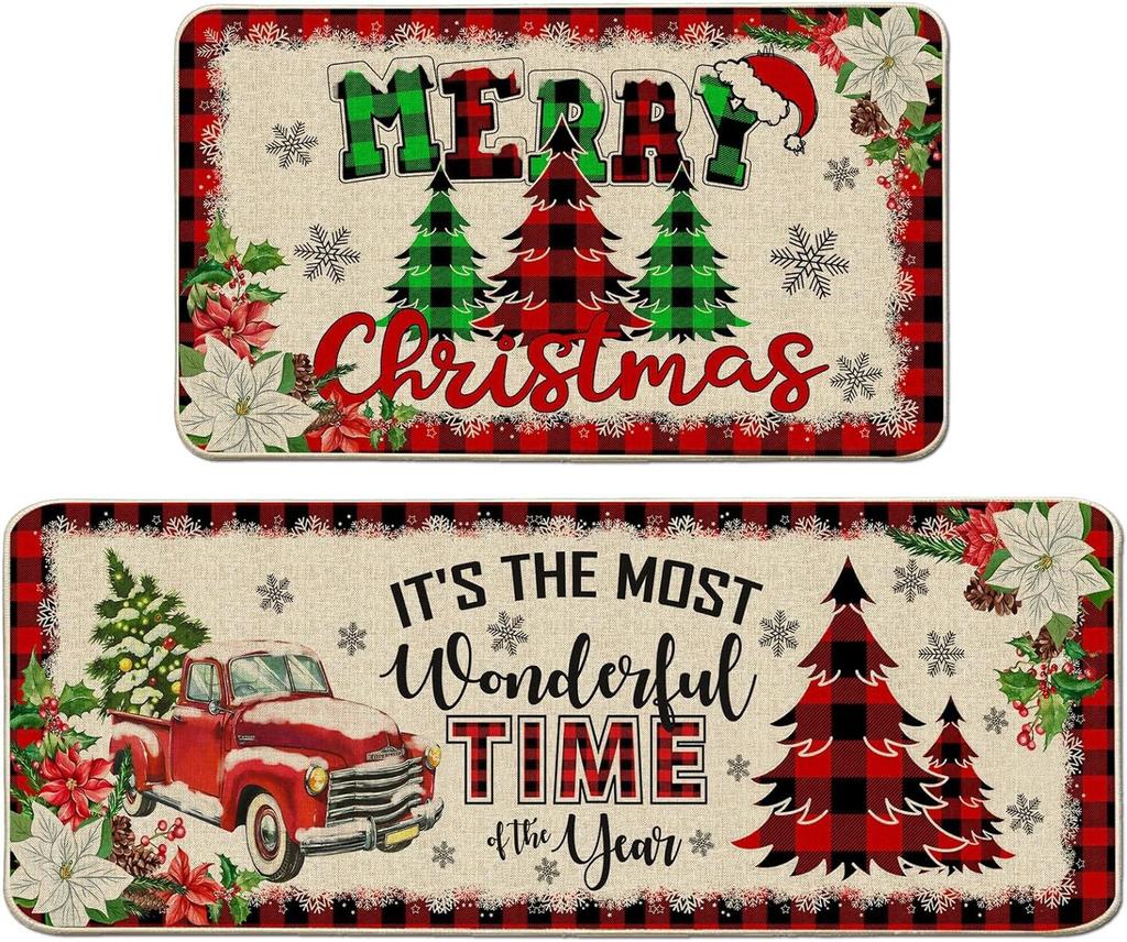 Christmas Kitchen Mats for Floor, Christmas Kitchen Rugs Set of 2 - Farmhouse Truck Red Buffalo Plaid Christmas Kitchen Decor
