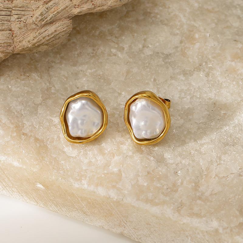French light luxury high-end pearl earrings stainless steel irregular niche retro stud earrings temperament ear jewelry