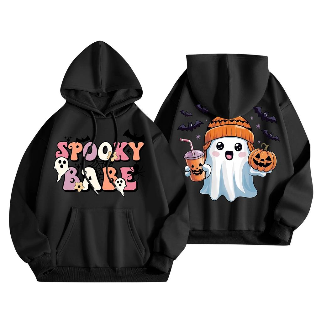 Женская мода, легкий женский свитер с длинными рукавами и карманами, толстовка с капюшоном и принтом на Хэллоуин