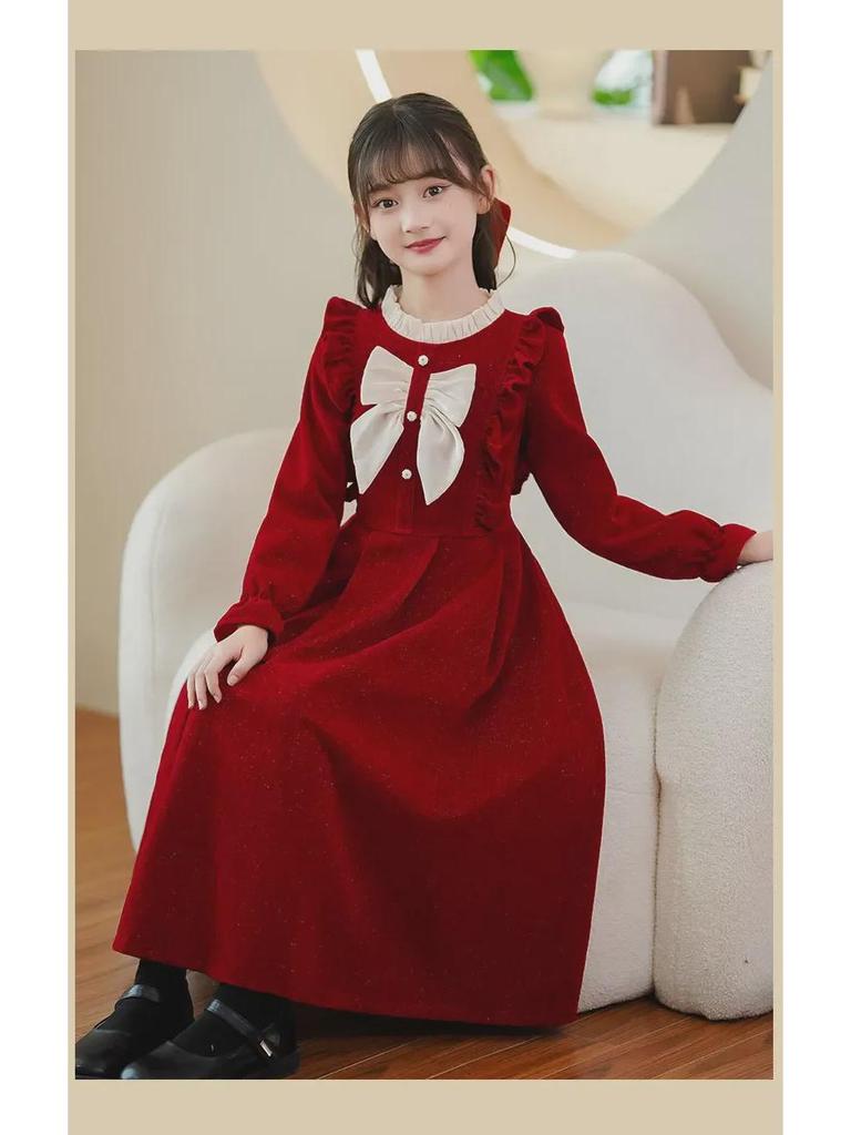 Стильное длинное платье принцессы красного цвета для маленьких девочек - коллекция зима и осень