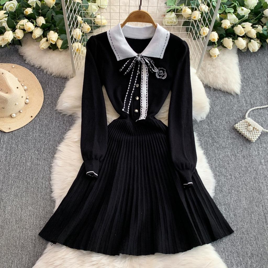 Spring Autumn Women College Stle Polo Color Full Sleeve Bowtie Knitted Sweater Mini Short Pullover Pleated Dresses