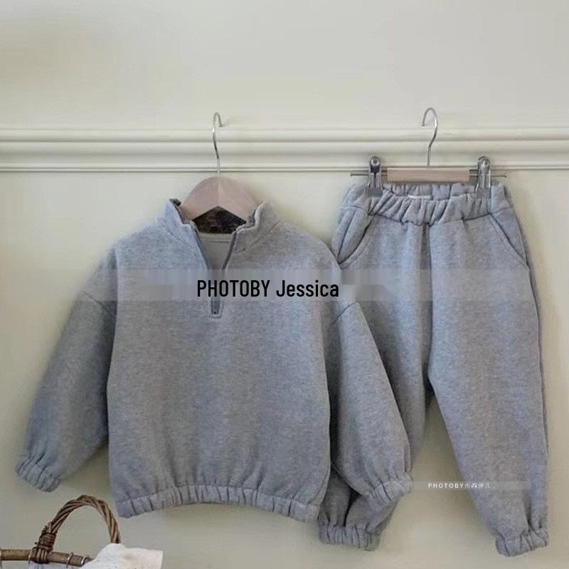 Зимний флисовый комплект в корейском стиле: Топ с высоким воротом на молнии до половины и джоггеры для мальчиков и девочек