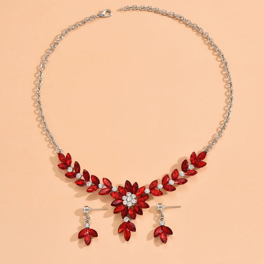 3 Trendy Women's Crystal Flower Multicolored Necklaces and Earrings Set, Banquet and Party Accessories
