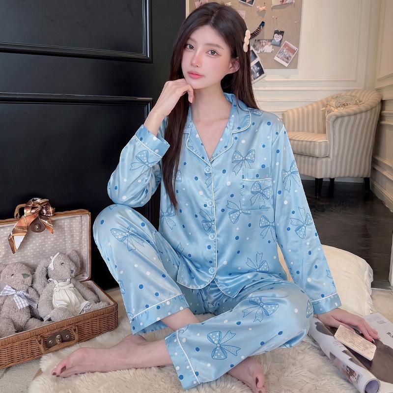 Japanese and Korean style floral bear girl pajamas spring and autumn silky ice silk loungewear cartoon long-sleeved two-piece set