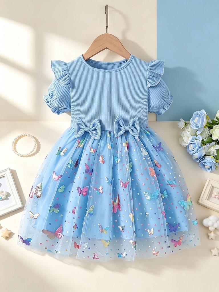 Girls Ruffle Short Sleeve Butterfly Tulle Dress Kids Spring Summer Daily Birthday Party Princess Dress