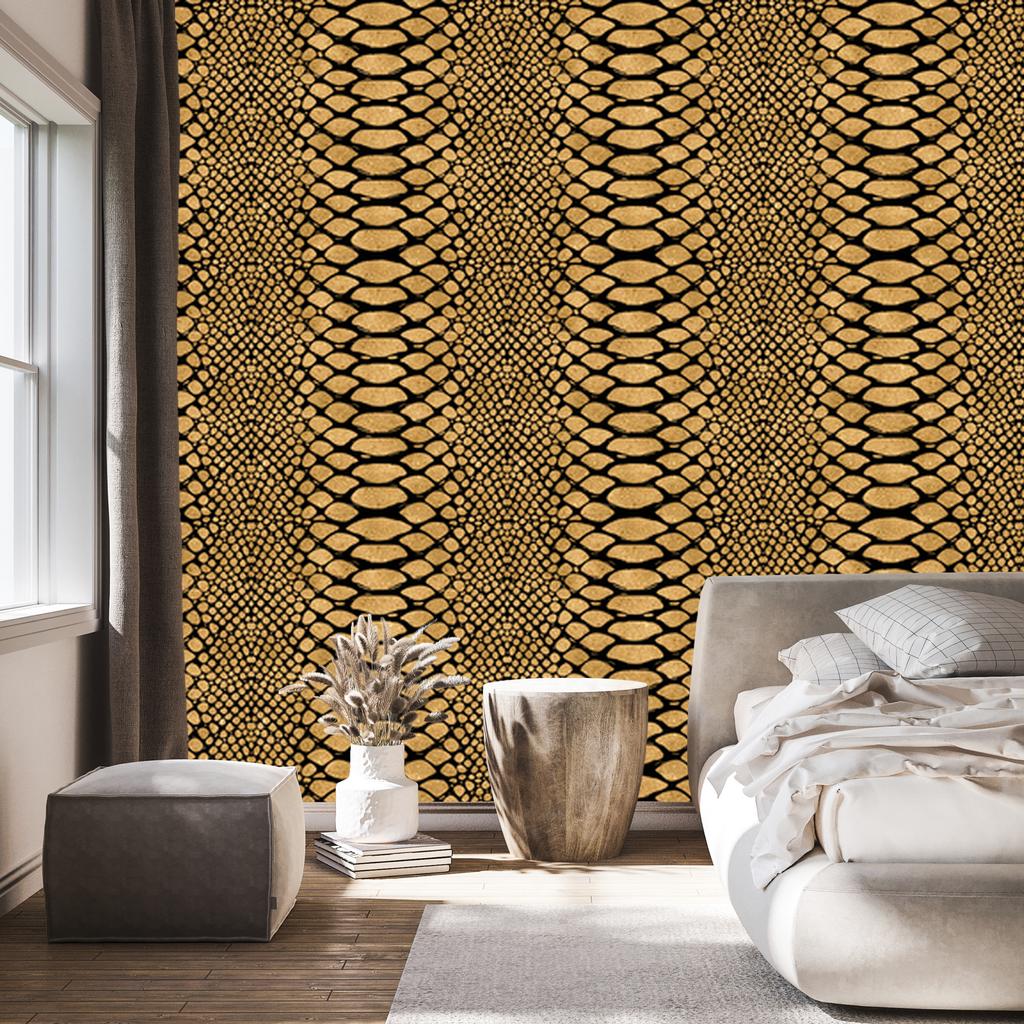 Golden Leather Wallpaper Ochre, Gold, Black and Cream 50x1000