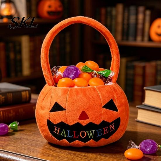 Halloween Party Favor Bag Pumpkin Treat Bag, Portable Candy Tote for Kids, Large Capacity Sturdy Storage Trick or Handbag with Soft Handle,