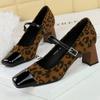 Shoes Leopard Print Women Pumps Suede Middle Heel Shoes Sexy Mary Jane Shoes Rhinestone Buckle Ladies Shoes Square Head