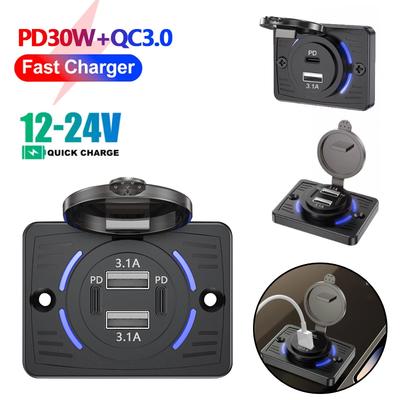 12В/24В USB-розетка для автодома, двойной USB PD30W+QC3.0, автомобильное зарядное устройство, панель, водонепроницаемое, быстрая зарядка для автомобиля, автобуса, автодома, грузовика, аксессуары