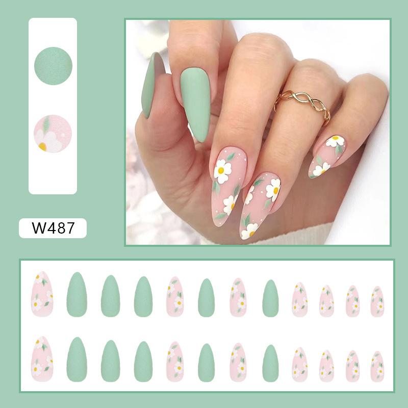 Fresh light green matte texture cute flower summer almond manicure European and American ins wind fake nail piece