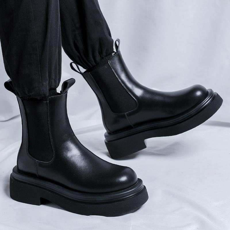 FashionAutumn Winter Leather Chelsea Boots for Men Slip On Platform Shoes Men Casual Plush Warm Ankle Boots Thick Sole Motorcycle Boots