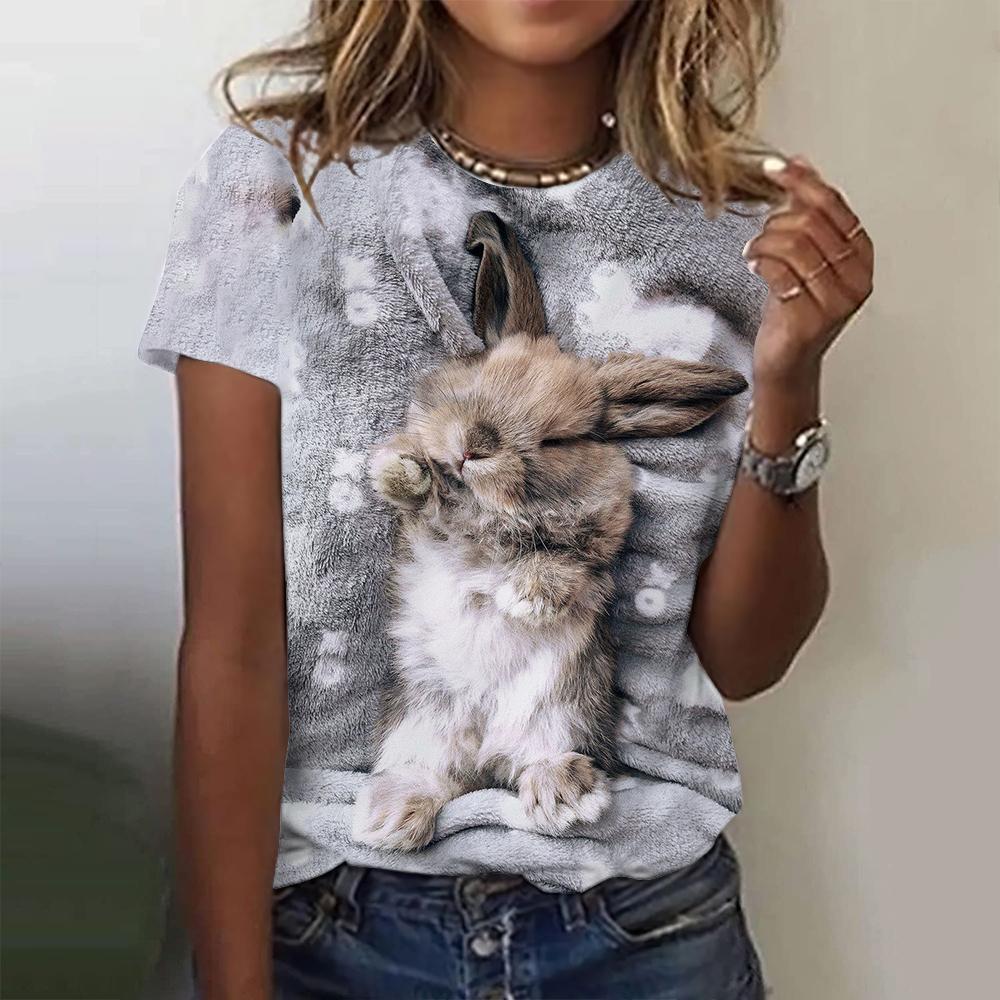 Summer New Women's Top Short Sleeved T-shirt 3D Cute Rabbit Print Casual Harajuku Versatile Clothes European Sizes