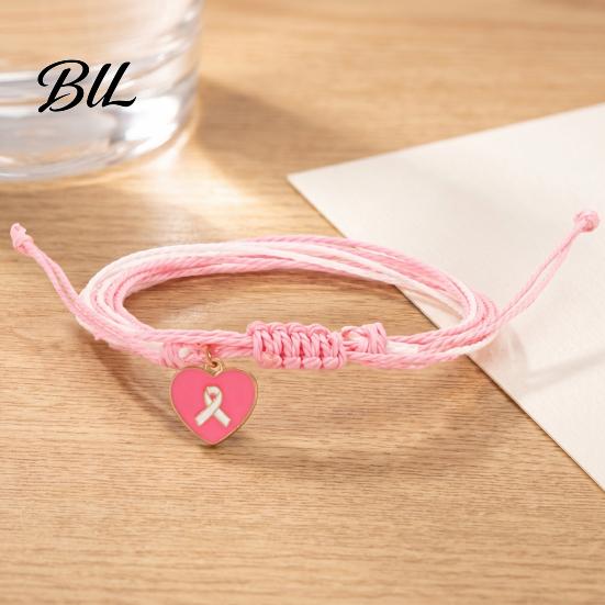 Adjustable Braided Bracelet Breast Cancer Awareness for Women, Woven String with Lightweight Daily Wear Wristband Ribbon Charm, Handmade Rope Survivor