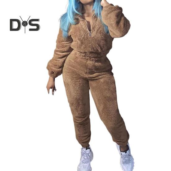 2 шт./комплект женский топ брюки костюм однотонный длинный рукав воротник стойка топ эластичный пояс толстые плюшевые брюки спортивный фитнес костюм пижама осень зима